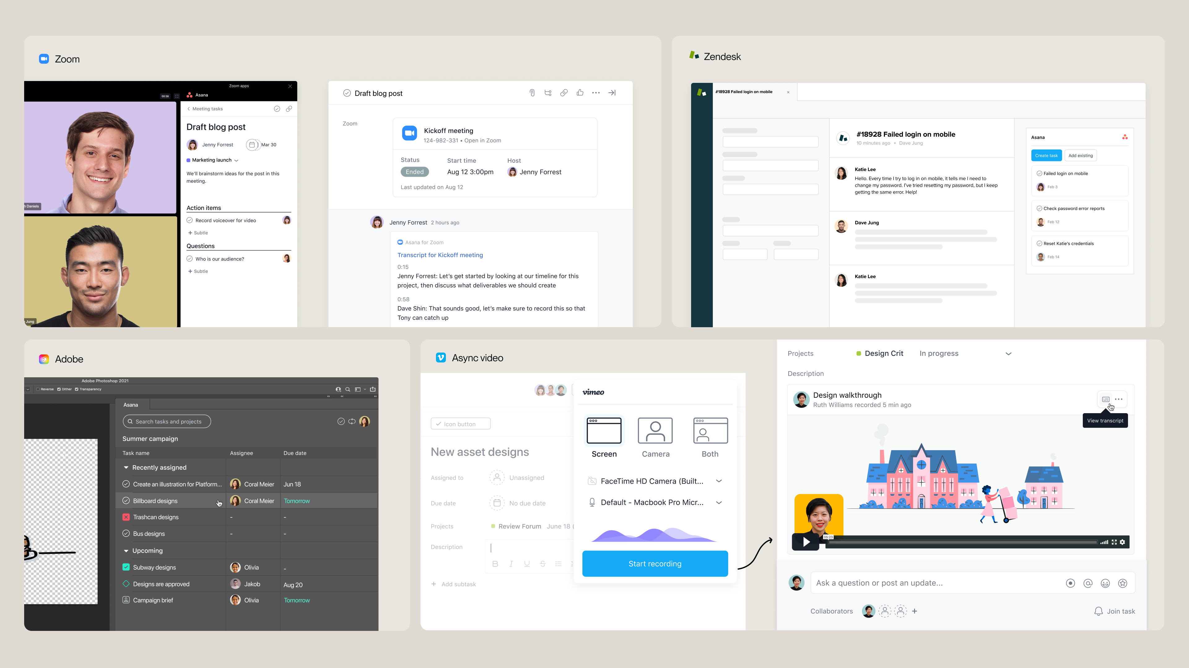 Asana integrations — Zoom, Zendesk, Adobe, and Vimeo